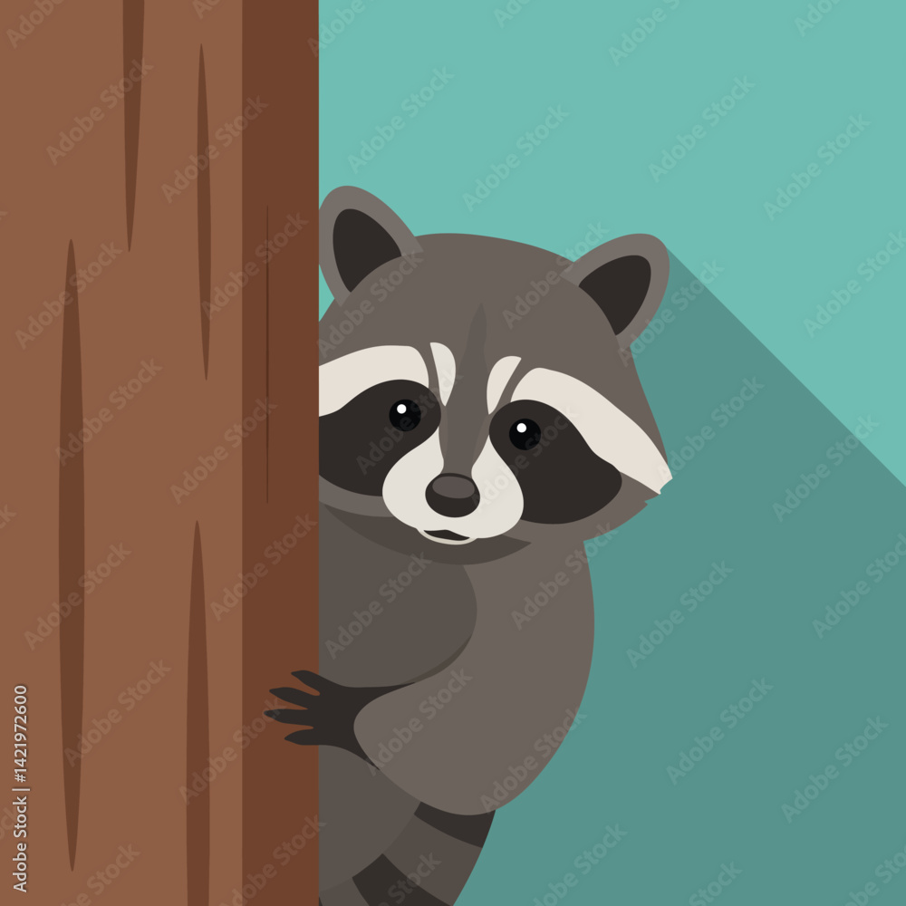 Poster raccoon peeking from behind tree trunk in flat design with long shadow on teal background vector ill