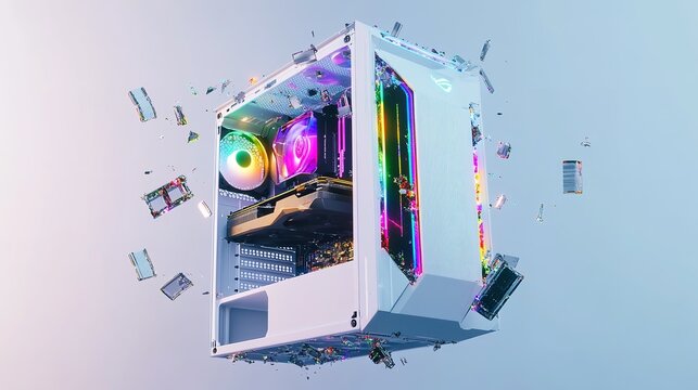 White gaming pc computer build with rgb fans and components for desktop and high performance system