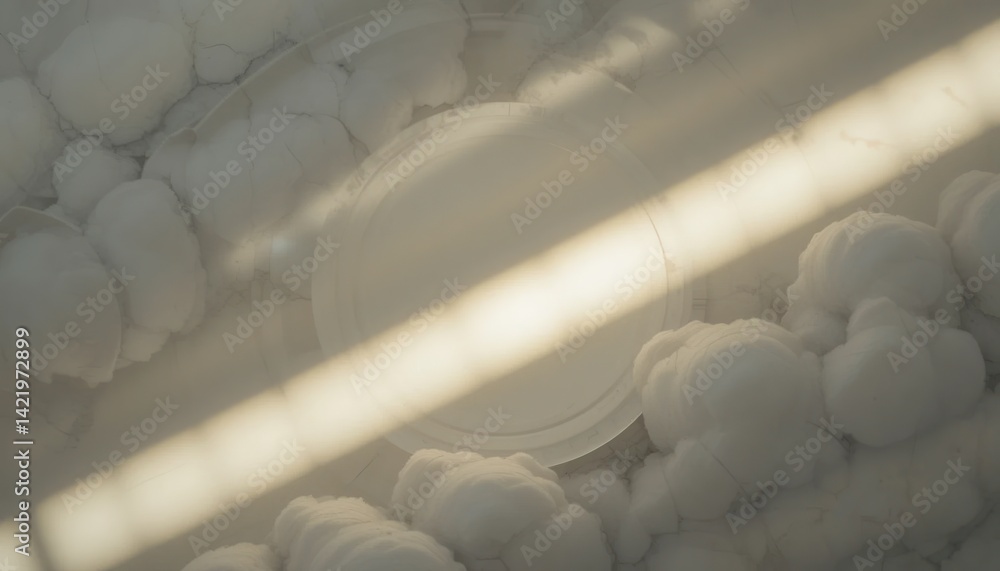 Poster creating unique cloud patterns over a minimalistic plate indoor studio photography soft lighting top