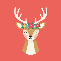 Naklejka premium Deer head with colorful flower crown on coral background vector illustration for nature and wildlife design 