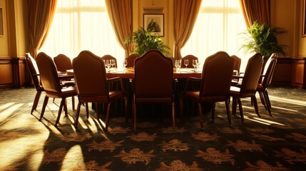 Sunlit Elegance: A Luxurious Dining Room bathed in Golden Light