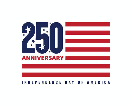 250 years anniversary badge, sticker, label, tag on an American flag concept. US Independence Day celebrate on 4th July. Number 250 logotype for banner, poster, template, greeting card. Vector text