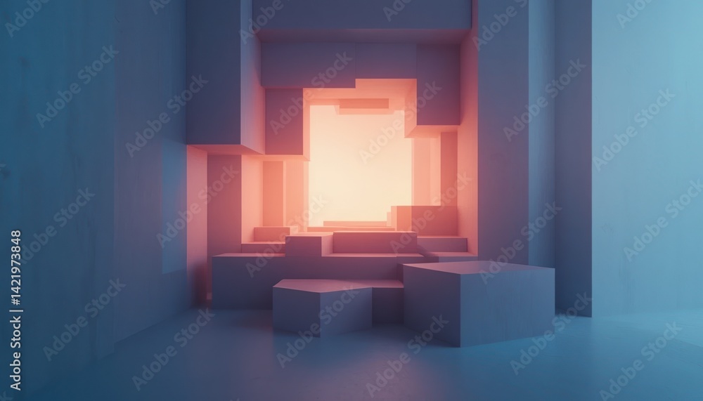 Poster illuminated abstract geometry digital art studio 3d render soft lighting eye-level view modern desig