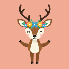 Fototapeta premium Cute smiling deer with colorful flower crown on pink background vector illustration 