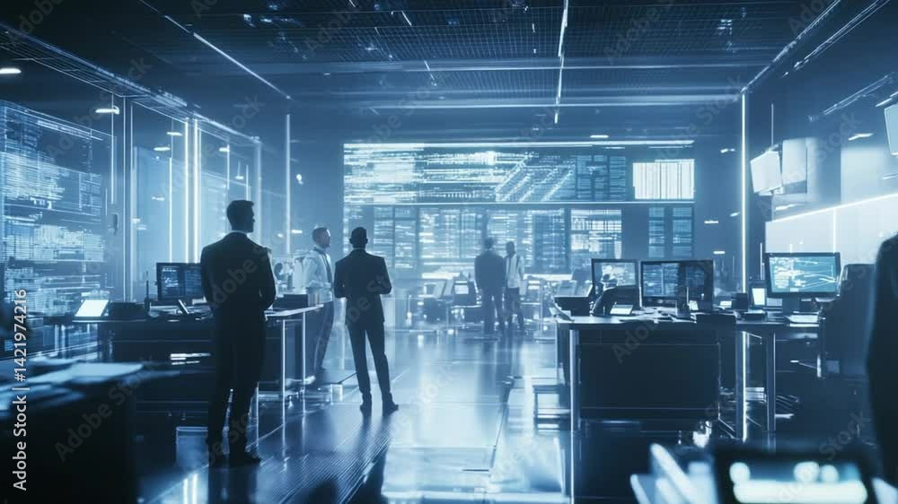 Poster modern data center control room with business people analyzing data and operations