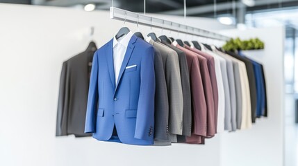 Modern suits on hangers in a shop