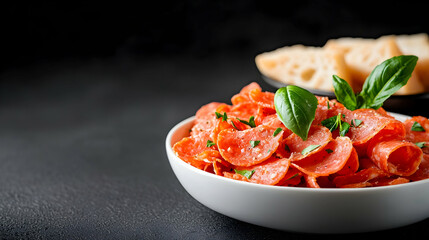 Close-Up of Pepperoni Slices in a White Bowl with Basil