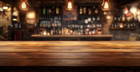 Rustic bar counter top. Warm, dimly lit interior with wooden bar and bottles