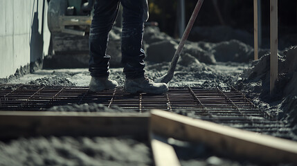 Construction Worker Smoothing Concrete on a Reinforced Grid