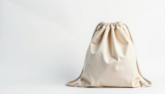 Small canvas drawstring backpack, white background , detail, string bag, simple design