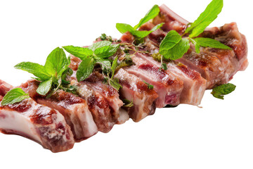 Fototapeta premium Meat on the bone, cut into slices and garnished with mint leaves, against a white background, png