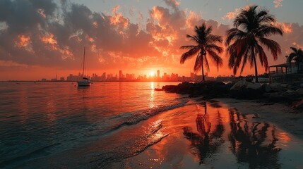 Dramatic sunset over city beach