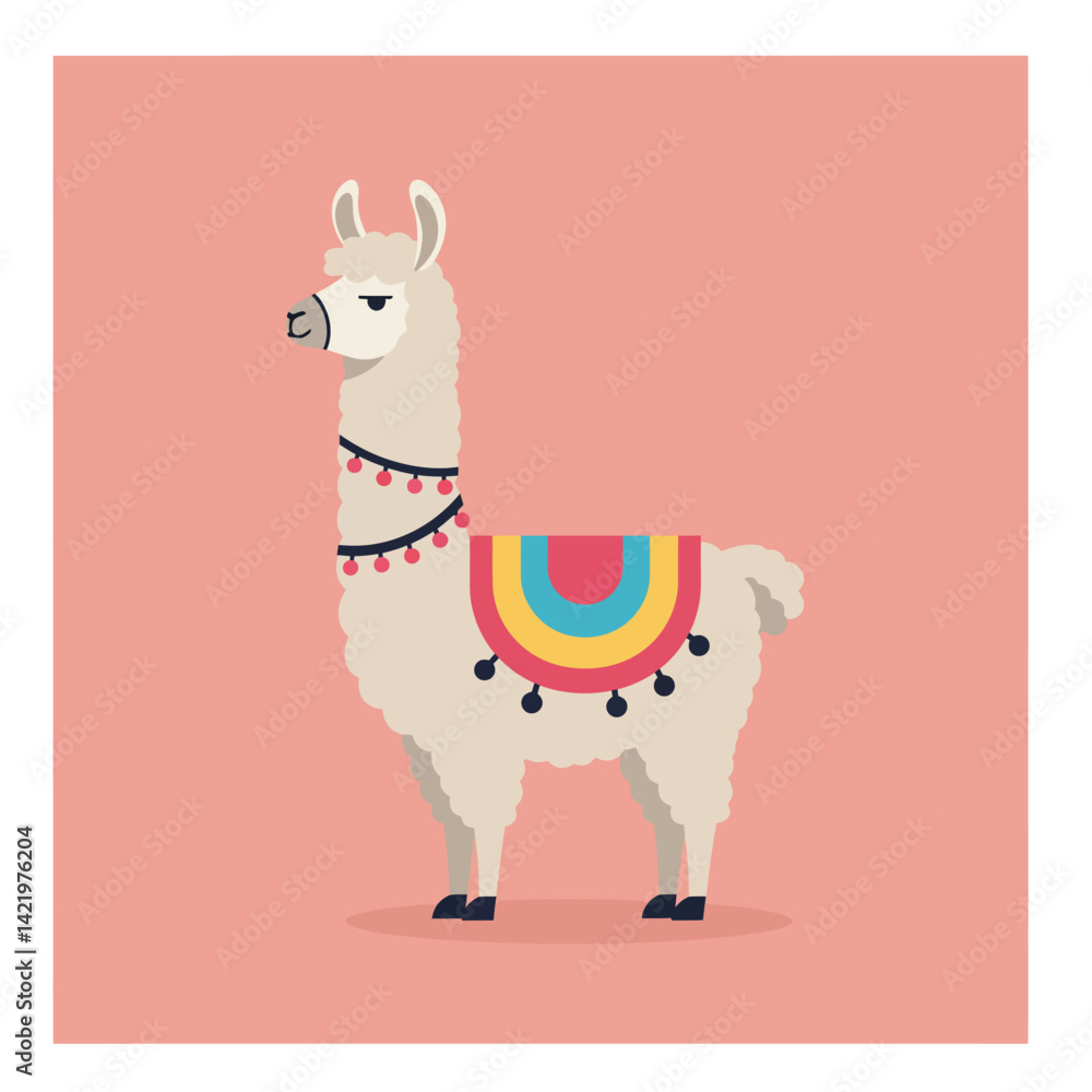 Aufkleber llama with colorful decorative blanket and ornaments on pink background in square format vector illu