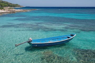 Turquoise water, small boat. Coastal scene
