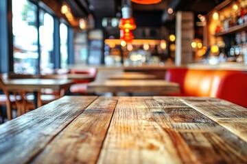 Rustic cafe interior with wooden tables