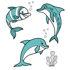 Obraz premium Black and White Fish and Dolphin Illustrations, Stylized Fish and Dolphin Tattoo Art, Hand-Drawn Dolphin and Fish Designs in Black and White.