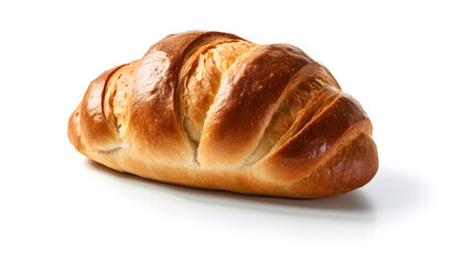 A single, golden-brown, braided loaf of bread with a slightly crinkled top, placed on a white surface with a soft shadow.