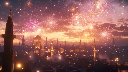 Naklejka premium Cityscape with fireworks display over buildings and towers during a festive celebration at night