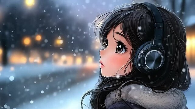 anime girl with headphones enjoying music in a snowy winter setting, eyes closed peacefully with glowing lights behind.