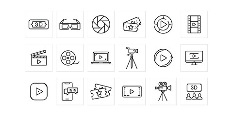Movie Icons: A collection of minimalistic line icons related to film, movies, and cinema, ideal for design and media assets.