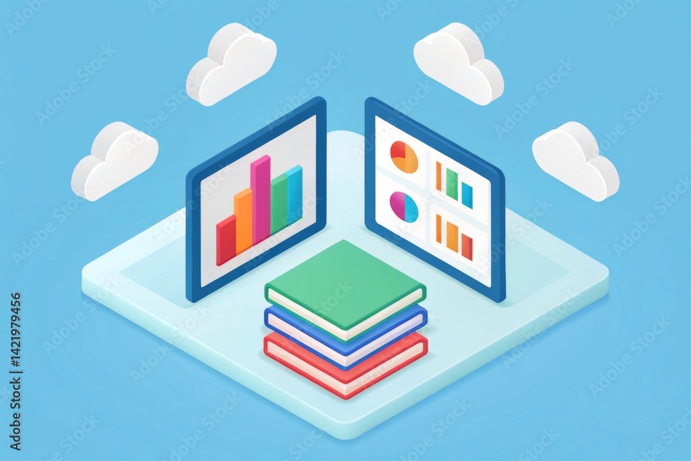 Aufkleber isometric illustration of an online education platform with data charts digital illustration of data