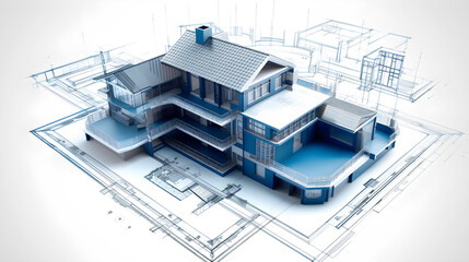 A 3D model of a house with blue and white colors, standing on a white background with a blueprint of the house in the foreground.