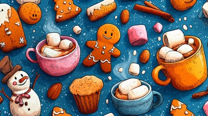 Cozy Winter Doodle Background Featuring Hot Chocolate, Marshmallows, and Treats