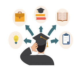 Graduate Thinking About Career or Study Paths Flat Vector Concept. Confused Graduate with Arrows Pointing to Future Choices Illustration. Career vs Education Options Vector.