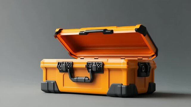 Bright orange toolbox with an open lid, showcasing its spacious interior against a grey backdrop
