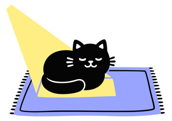 Cute cartoon black cat sleeping on a rug in ray of sunlight. Simple doodle drawing, isolated vector clip art illustration.