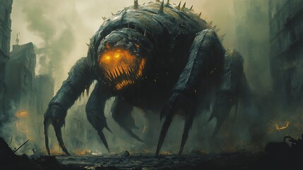 Apocalyptic urban monster, a creature of nightmare emerging from ruins