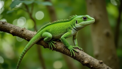 Fototapeta premium The Bronchocela cristatella, also known as the green crested lizard, is a species of agamid lizard found in Southeast Asia