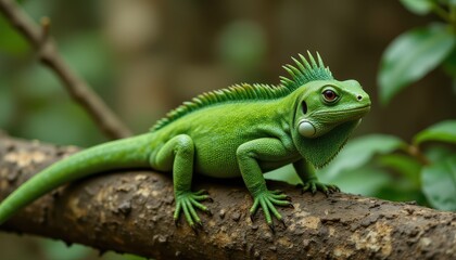 Fototapeta premium The Bronchocela cristatella, also known as the green crested lizard, is a species of agamid lizard found in Southeast Asia