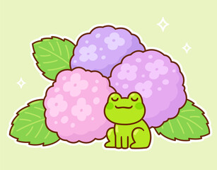 Cute cartoon frog and Hydrangea flowers, simple kawaii doodle drawing. Vector clipart hand drawn illustration.
