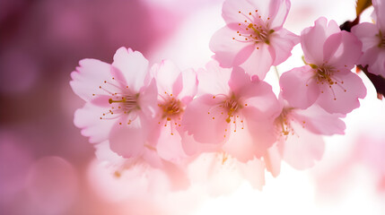 Obraz premium A delicate pink cherry blossom branch with five delicate pink flowers and a blurred pink background