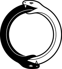 Double Ouroboros symbol, snake eating tail of another snake. Simple black and white drawing. Modern circle logo, vector illustration.