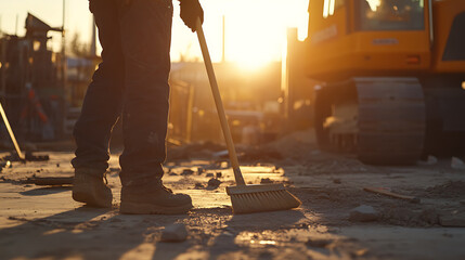 Construction Worker Sweeping at Sunset
