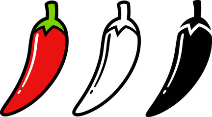 Hot chili pepper icon in different style. Color, line art and black silhouette. Simple cartoon vector clipart illustration.
