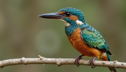Fototapeta premium The common kingfisher is known for its vibrant and iridescent plumage, with shades of turquoise, blue, green, and orange creating a stunning mosaic of colors on its feathers.