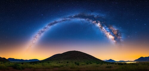 Stunning night sky with Milky Way arching over peaceful landscape.