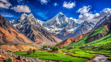 majestic himalayan mountain range with snow capped peaks and clear blue sky - scenic landscape graphy of the himalayas