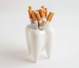 Cigarette with teeth isolated on white background with copy space, No smoking, damage the health of...