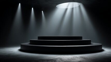 Obraz premium Dramatic Black 3D Round Stage with Sharp Light Effects in a Dark Environment