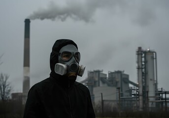 Air Pollution A Man in a Gas Mask Against Industrial Smog