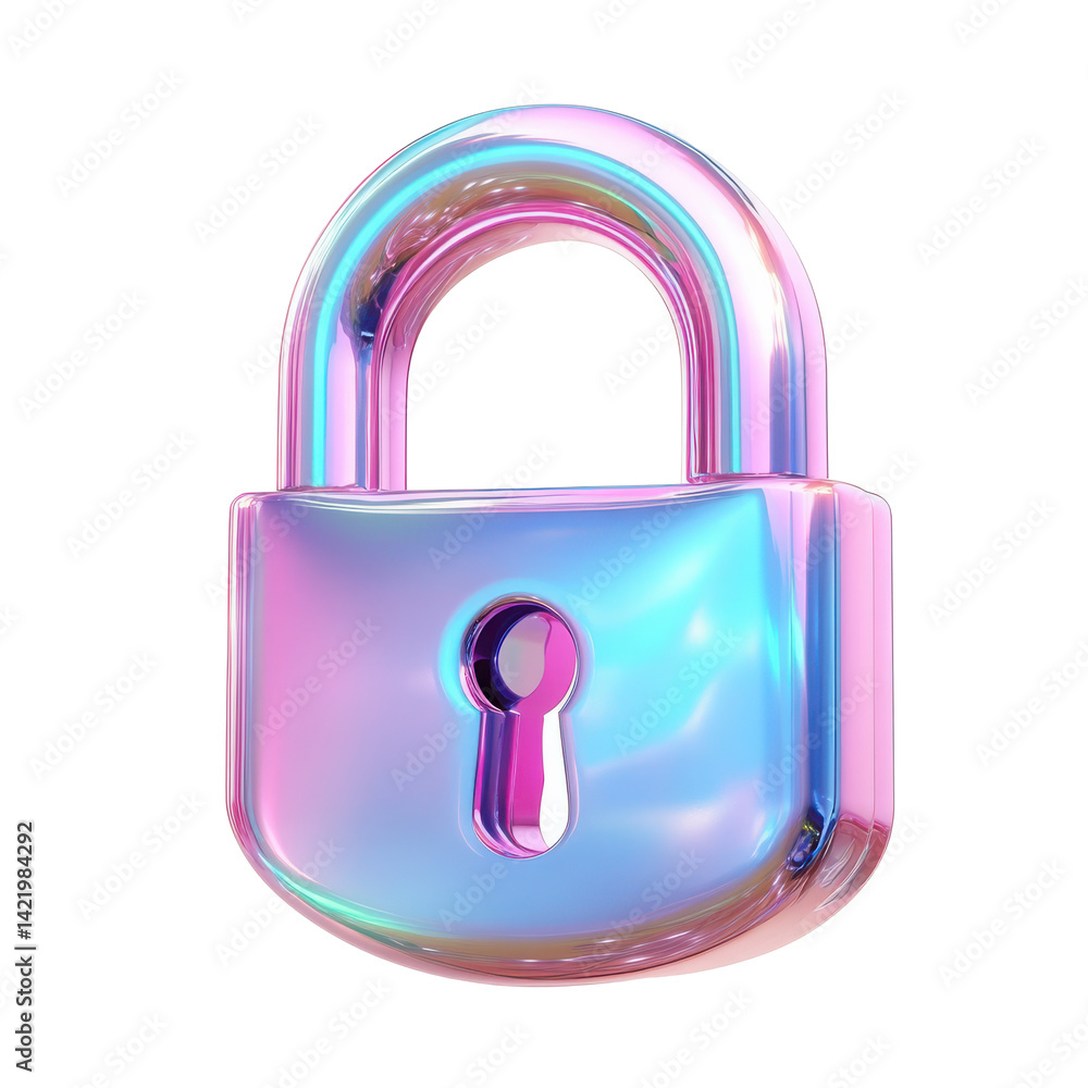 Poster a shiny iridescent padlock with a keyhole centered on a black background in a digital rendering
