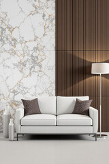 elegant white sofa with patterned pillows against marble and wood wall