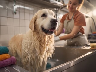 Happy golden retriever getting a bath from a groomer in a bright, clean salon, representing pet care and hygiene. Ideal for pet grooming services, animal care articles, and dog-related content.