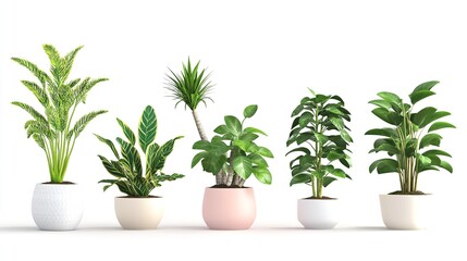 Obraz premium A row of five potted plants with different leaf shapes and colors on a white background studio shot