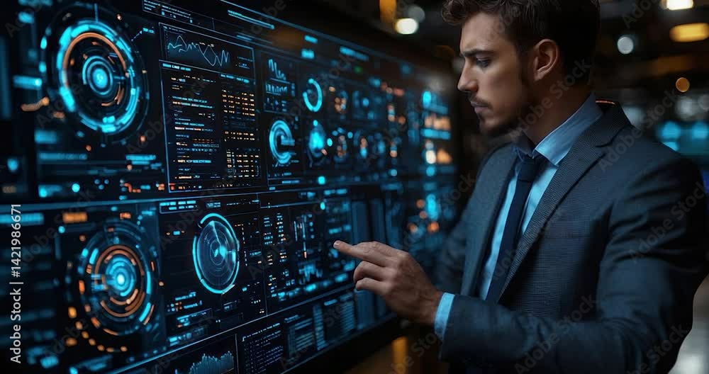 Poster businessman analyzing data on interactive screen