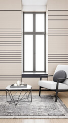 modern living room with white armchair and geometric coffee table